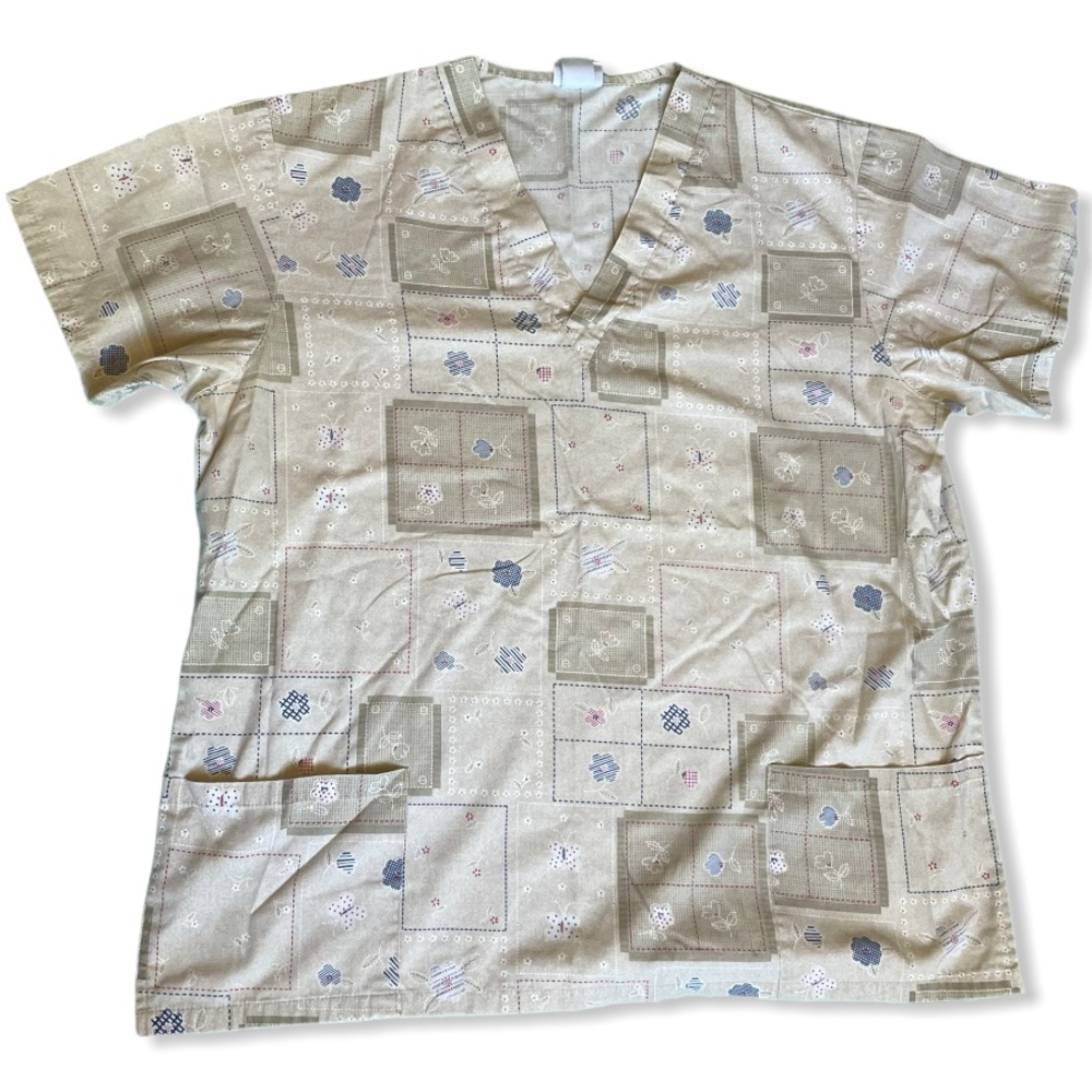 Tan Quilted Patchwork Patterned Scrub Top